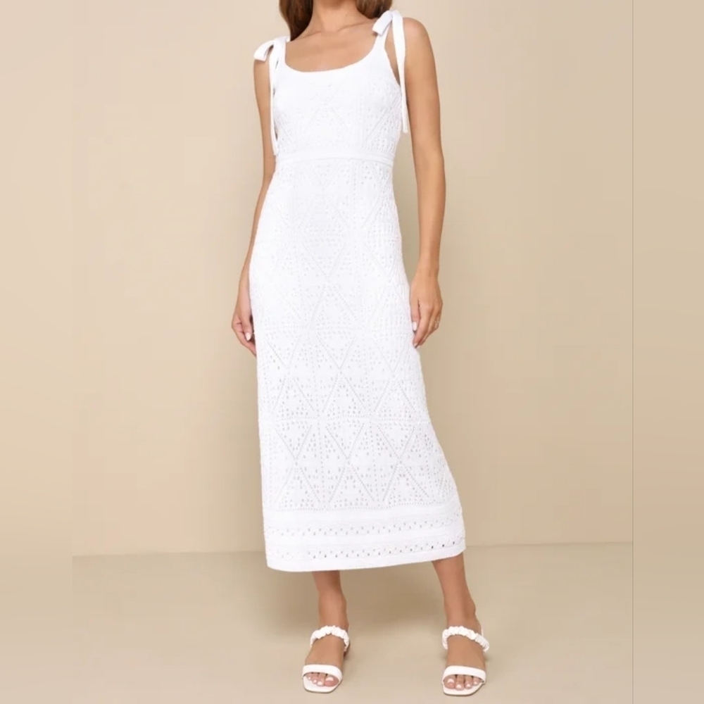 Lulus Adorable Darling White Crochet Tie-Strap Midi Dress, Size Small